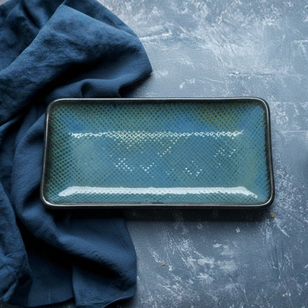 blue speckled ceramic rectangular 26cm platter set of 2 with textured finish for serving snacks and appetizers